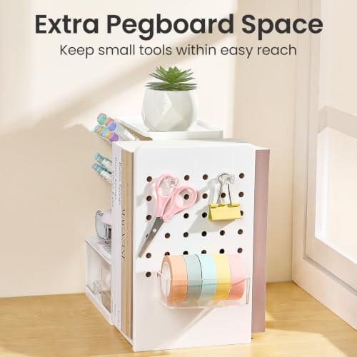 Sooez Desk Organizer with Bookends, Pegboard & Drawer, Pen & Pencil