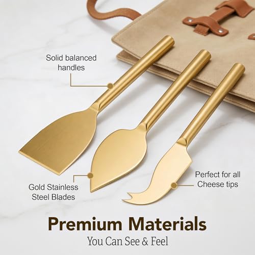 Cheese Knife Set for Charcuterie Board – 3-Piece Gold Stainless Steel