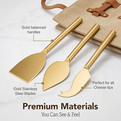 Cheese Knife Set for Charcuterie Board – 3-Piece Gold Stainless Steel