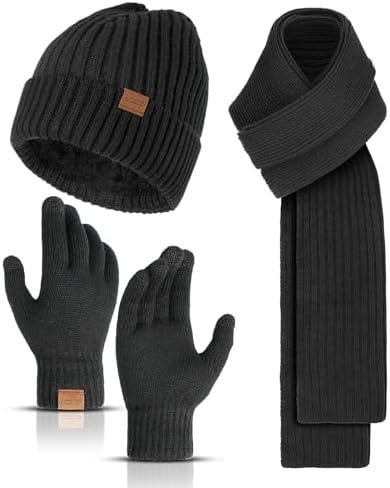 Winter Beanie Hats Long Neck Scarf for Men and Touchscreen Gloves 3PCS