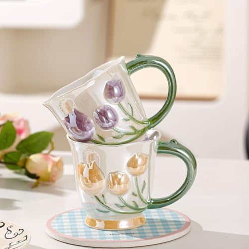 14oz 3D Embossed Floral Ceramic Coffee Mug with Matching Spoon & Gift
