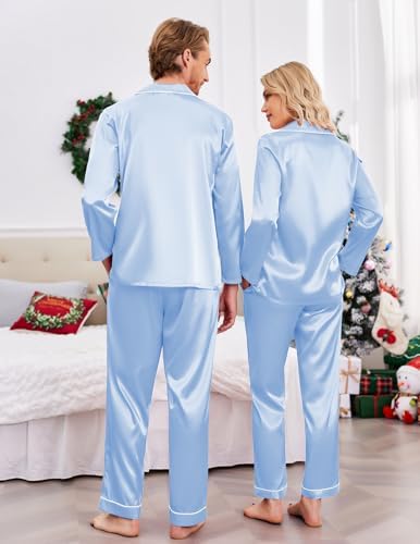 Ekouaer Couples Matching Pajamas Silk Long Sleeve Sleepwear Satin Pjs