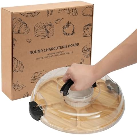Charcuterie Board with Lid-Divided 6 Section Round Serving Tray with