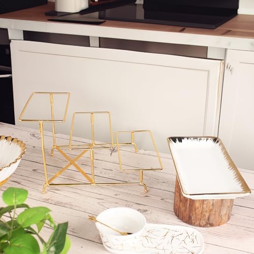 Three-Tier Ceramic Plate Rack - Foldable Gold Plate Rack with Three