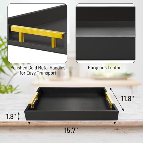 ATZYmolin Leather Serving Tray, Gold Handles Vanity Platter, Black