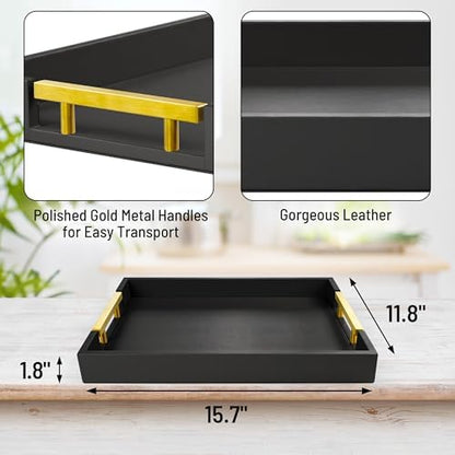 ATZYmolin Leather Serving Tray, Gold Handles Vanity Platter, Black