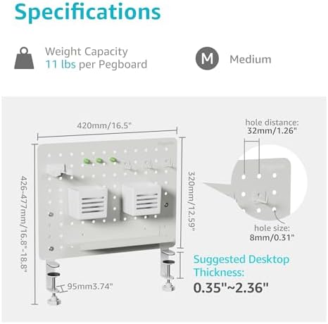 PEGZONE Clamp on Desk Pegboard, 16.5" x 12.6", with 10 Accessories