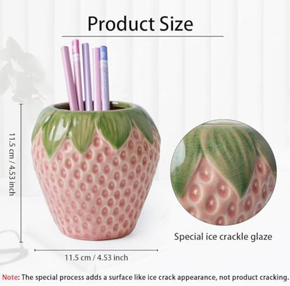 Sixbaole Pink Strawberry Ceramic Pencil Holder for Desk, Cute Office