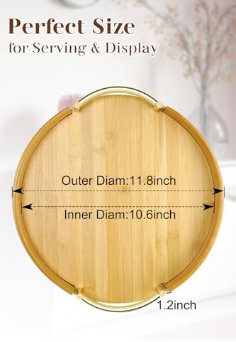 JUPELI 11.8′′ Round Bamboo Serving Tray with Handles – Decorative