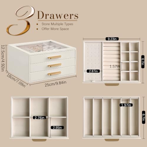 Homeanda Jewelry Boxes Organizer with Glass Lid, 3-Layer PU Leather