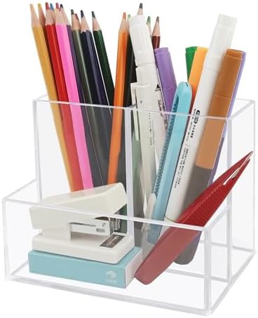 HSYMQ Desktop Clear Pen Holder with 3 Compartments, Acrylic Pencil