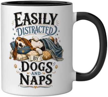 Easily Distracted By Dogs And Naps Gifts Ceramic Mug, Black/White