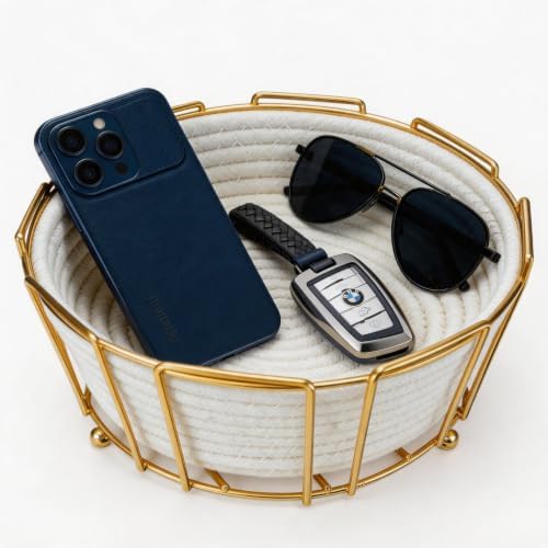 Gold Metal Woven Round Blanket Basket, Decorative Shelf Storage