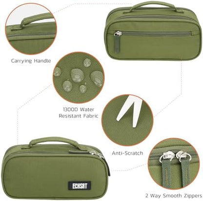 ECHSRT Large Tactical Pencil Case, 3-Compartment Zipper Pouch, Olive