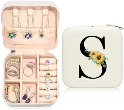 Sunflower Initial S Travel Jewelry Box PU Leather Jewelry Organizer