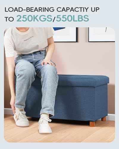 PINPLUS Storage Ottoman Cube, White Linen Footrest with Wooden Legs