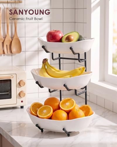 3 Tier Ceramic Fruit Bowl for Kitchen Counter, Fruit Basket with Stand