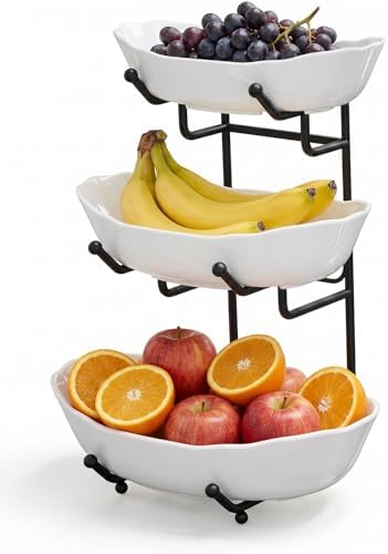3 Tier Ceramic Fruit Bowl for Kitchen Counter, Fruit Basket with Stand