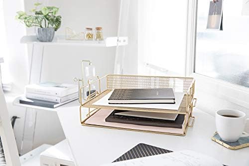 BLU MONACO | Paper Tray Stackable Gold Mesh Set of 2 | Stackable File