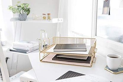 BLU MONACO | Paper Tray Stackable Gold Mesh Set of 2 | Stackable File