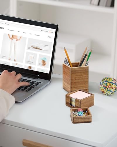 Acacia Wood Desk Organizer Set with Sticky Note Holder, Pencil Pen Cup
