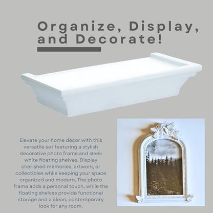White Floating Wall Shelf with Decorative Photo Frame Bundle, Compact