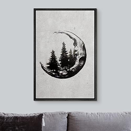 IDEA4WALL Framed Canvas Print Wall Art Pine Trees in Crescent Moon