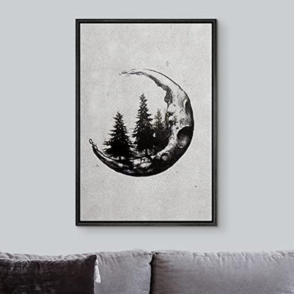 IDEA4WALL Framed Canvas Print Wall Art Pine Trees in Crescent Moon