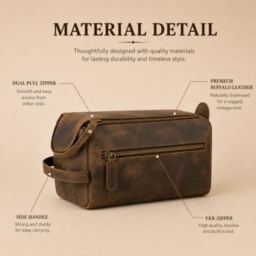 KomalC Buffalo Leather Toiletry Bag for Men & Women, Travel Pouch