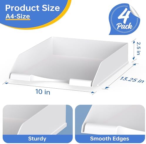 4 Pack Stackable Paper Trays for Letter Documents, Desktop File