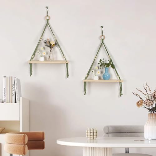 HVEST Green Hanging Shelf Set of 2, Boho Wall Decor, Floating Shelves