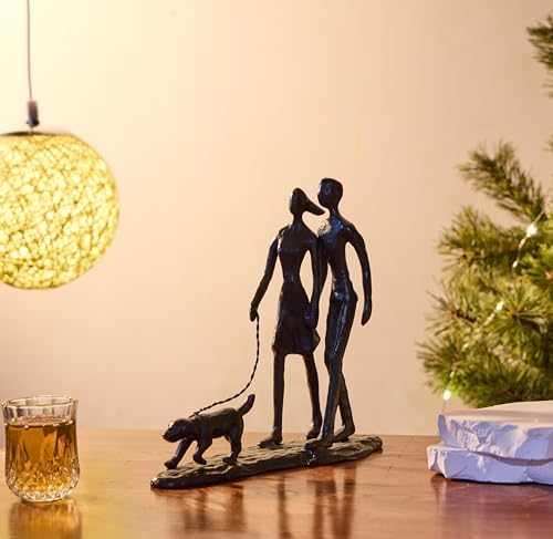 Couple and Dog Cast Iron Sculpture, Romantic Couple Love Metal Art