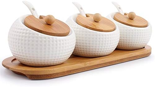 Porcelain Condiment Jar Spice Container with Lids - Bamboo Cap Holder