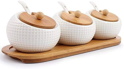 Porcelain Condiment Jar Spice Container with Lids - Bamboo Cap Holder