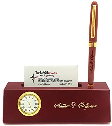 Personalized Solid Rosewood Business Card Holder with Clock and