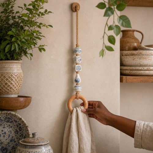 Decorative Beaded Towel Hanger with Wooden Ring - Boho Hand Towel