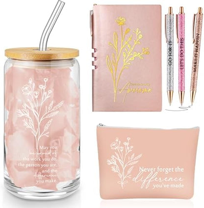 Funnymoom 6 Pcs Appreciation Gift Set for Women Glass Tumbler Floral