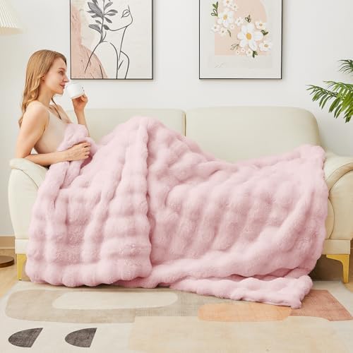 Latepis Pink Faux Fur Throw Blanket for Couch Bubble Cute Soft Warm