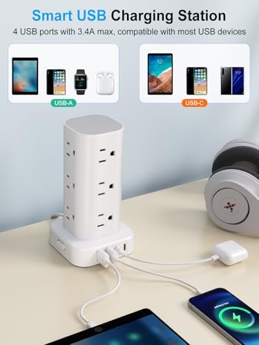 6FT Power Strip Tower Surge Protector, 12 Wide Spaced Outlets, 4 USB