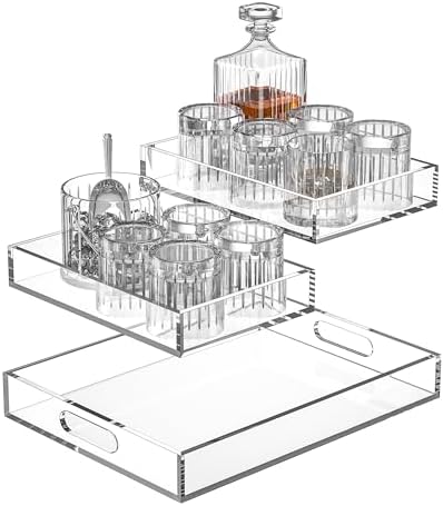 Acrylic Serving Tray Set of 3-16x12 & 7.7x11.4 Inch Clear Luxury Trays