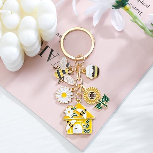 Bee Keychain,Sunflower Keychain with Honeycomb,Bee Gifts for Women