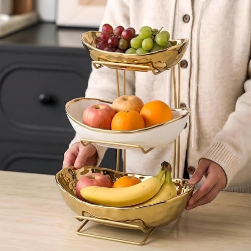 3-Tier Gold Fruit Bowl & Tray with Metal Stand - Ceramic White, Triple