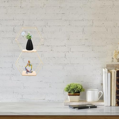 Gold Hexagon Floating Display Shelf Iron Wall Decor for Small Items