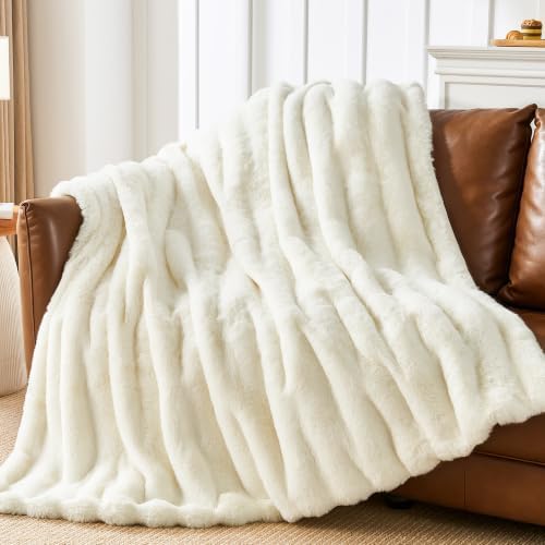 Touchat Soft Fluffy Faux Rabbit Fur Throw Blanket, 50" × 60", Cream