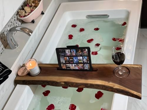 RESINHOMEFURNITURE Acacia Wood Bathtub Tray Caddy with Book & Wine