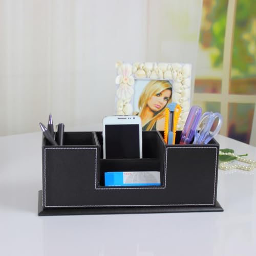 Multifunction Leather Double Pen Holder Desk Organizer with 4