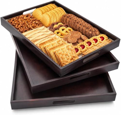 Bamboo Serving Tray Set of 3 with Handles, Nesting Wooden Serving