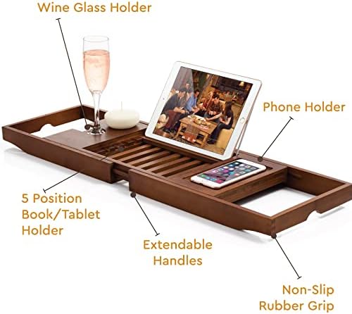 Bamboo Bathtub Caddy Tray - Expandable Waterproof Spa Bath Tray with