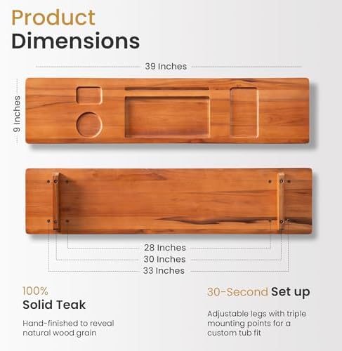 39 Inch Teak Bathtub Tray for Freestanding Tubs, Luxury Bath Caddy