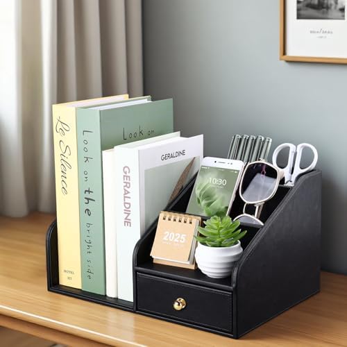GORESE PU Leather Desk Organizer, File Organizer with Drawer and 4